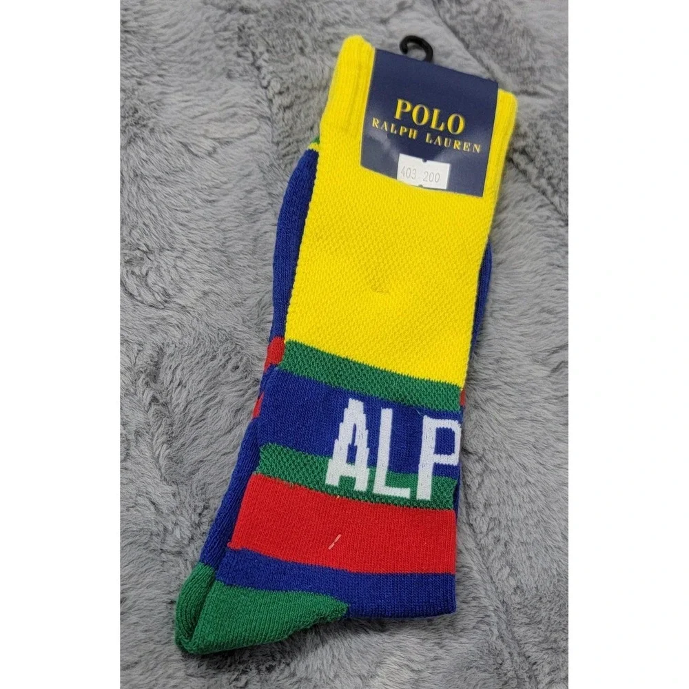 Polo Ralph Lauren Crew Socks Mens 10-13 Yellow Alpine Stripe Multicolor Mid Calf